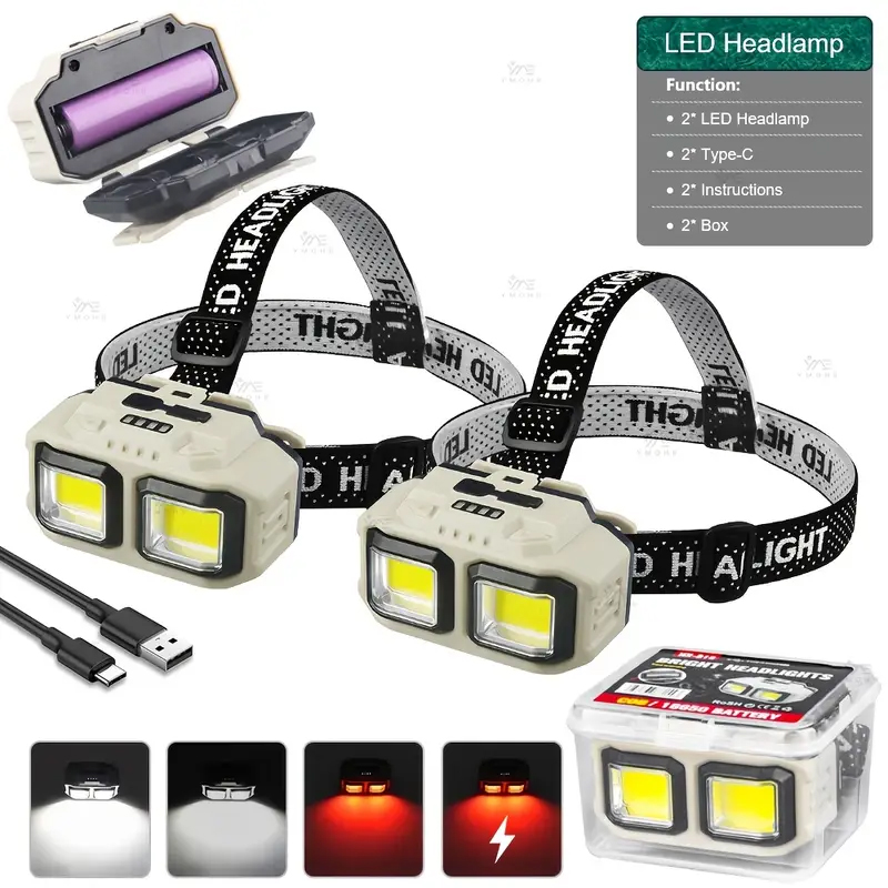 Headlamp - Linterna frontal LED COB, recargable, resistente